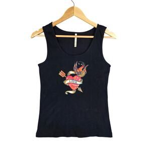 FILATI Y2K WOMEN'S BLACK RIBBED TANK TOP LOVE SEQUIN HEART TATTOO - SIZE XL